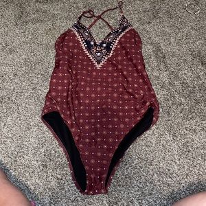 Red print one piece swim suit